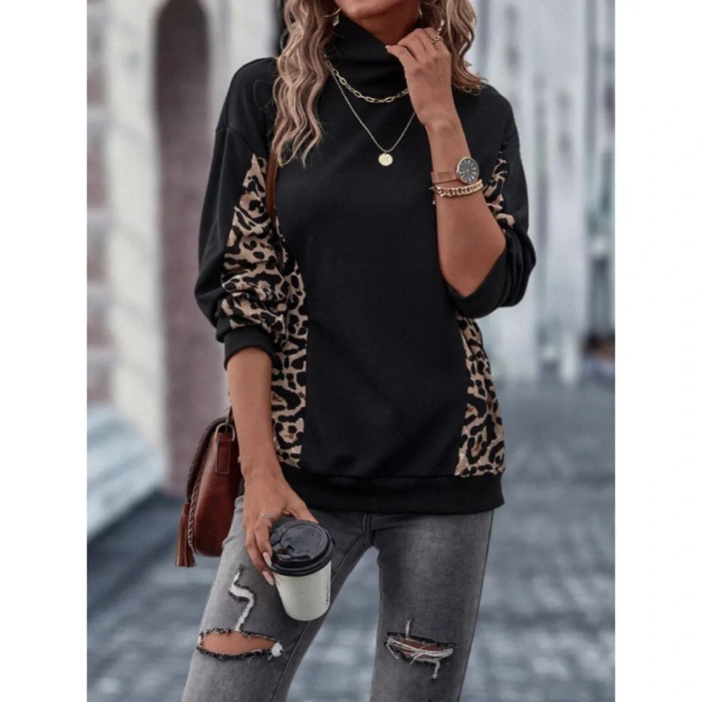 🐆 CASUAL BLACK LEOPARD LOOSE FIT HIGH NECK JUMPER! - Picture 8 of 10